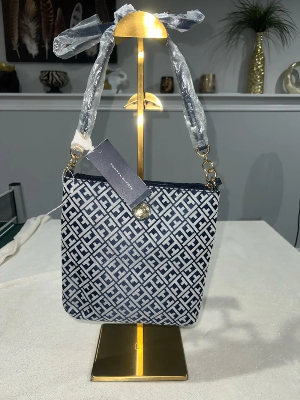 Tommy Hilfiger Navy and White Monogram Crossbody Shoulder Bag NWT